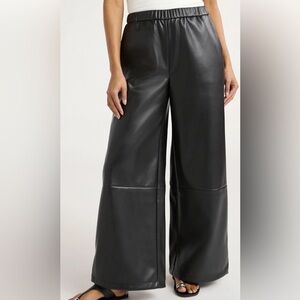 Elegant Black parachute Faux Leather Wide-Leg Pants